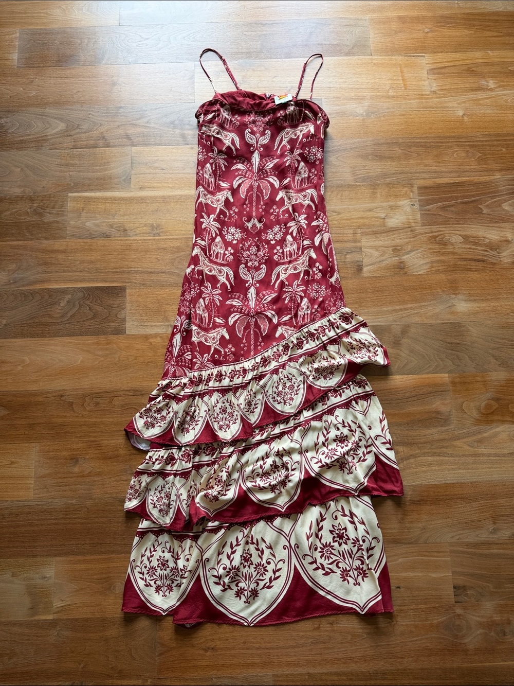 FARM Rio Maroon Printed Tiered Maxi Dress with Cream Motif
